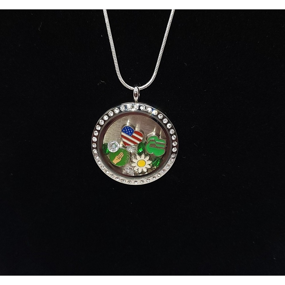 Girl Scout Floating Charm Locket Necklace Rhinestone Silver Tone
